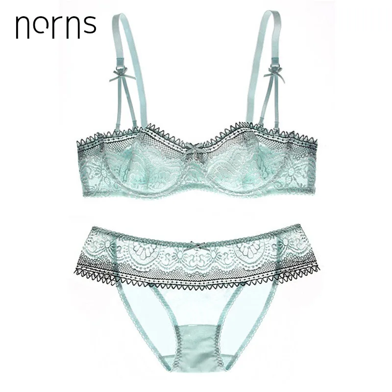  Norns Ultra Thin Half Cup Bra Plus Size D Cup Lace Transparent Bras Set Sexy Green Lingerie Sets Wo