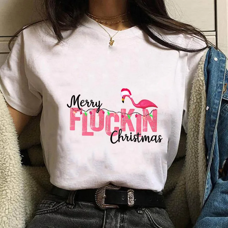 Camiseta femenina, футболки с фламинго, женские футболки с коротким рукавом и круглым вырезом, женские топы в стиле Харадзюку, рождественские Топы