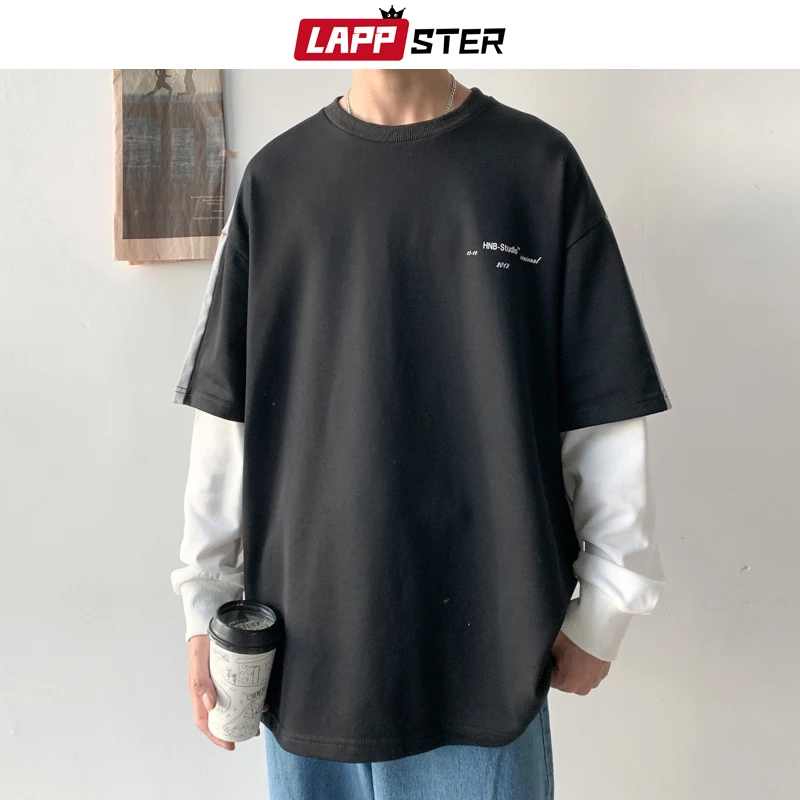 LAPPSTER Men Fake Two Pieces Harajuku Hoodies 2020 Pullovers Korean Patchwork Sweatshirts Male Japanese Streetwear Clothes LAPPSTER Men Fake Two Pieces Harajuku Hoodies 2020 Pullovers Korean Patchwork Sweatshirts Male Japanese Streetwear Clothes