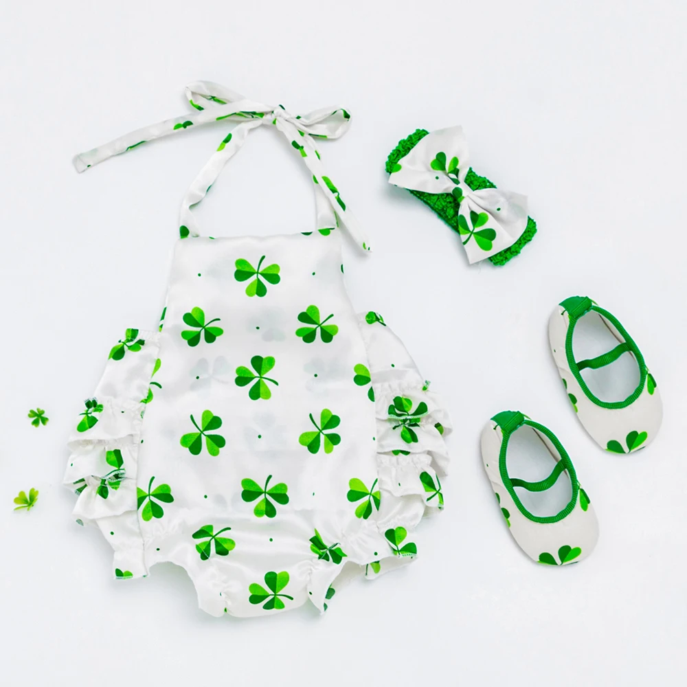 Newborn Toddler Infant Baby Clothes Set Girls St Patrick's Day Strap Bodysuit+Hat+Headband Festival Suit Green 3pcs Outfits Sets