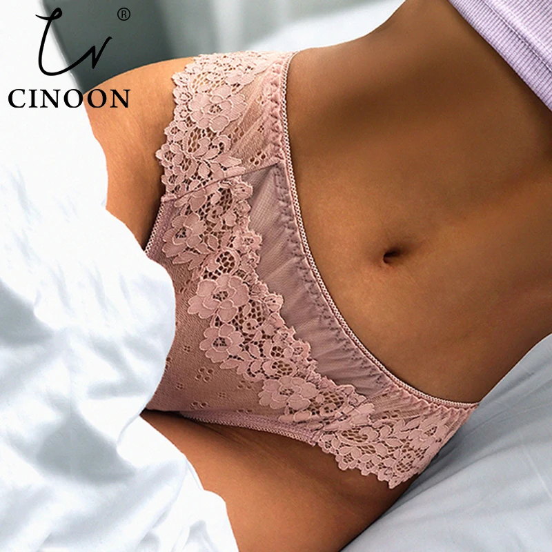 

CINOON Sexy Panties Women Lace Low-waist Solid Sexy Briefs Embroidery Thong Transparent Hollow out Underwear Female G String