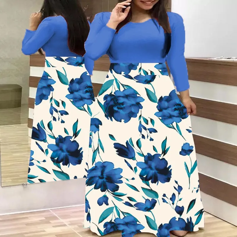 LOSSKY Plus Size Women's Summer Print Stitching Flower Casual Long Dress 2019 Vestido Bodycon Elegant Sexy Lady Maxi Dress Women
