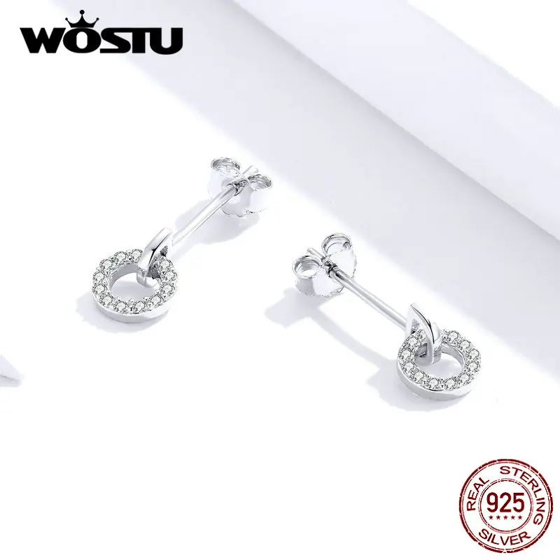 WOSTU 925 пробы серебряные изысканные круглые серьги-гвоздики для женщин стильные маленькие циркониевые серьги Трендовое ювелирное изделие DXE767