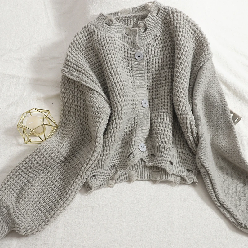 Pearl Diary Short Cardigan Women's Autumn And Winter New All-Match Ripped Button Sweater Korean Version Of Solid Color Top