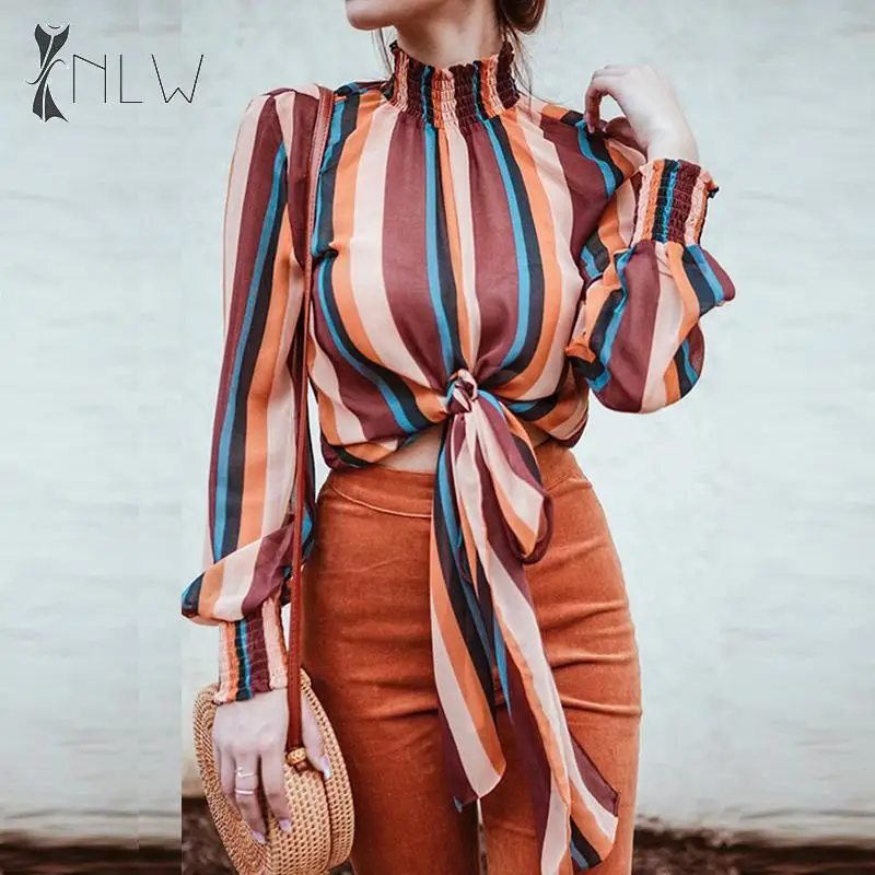 

NLW Vintage Lantern Sleeve Blouse Shirt Autumn Winter Turtleneck Stripe Blouse Tops Fashion Casual Loose Lace up Blusa Mujer