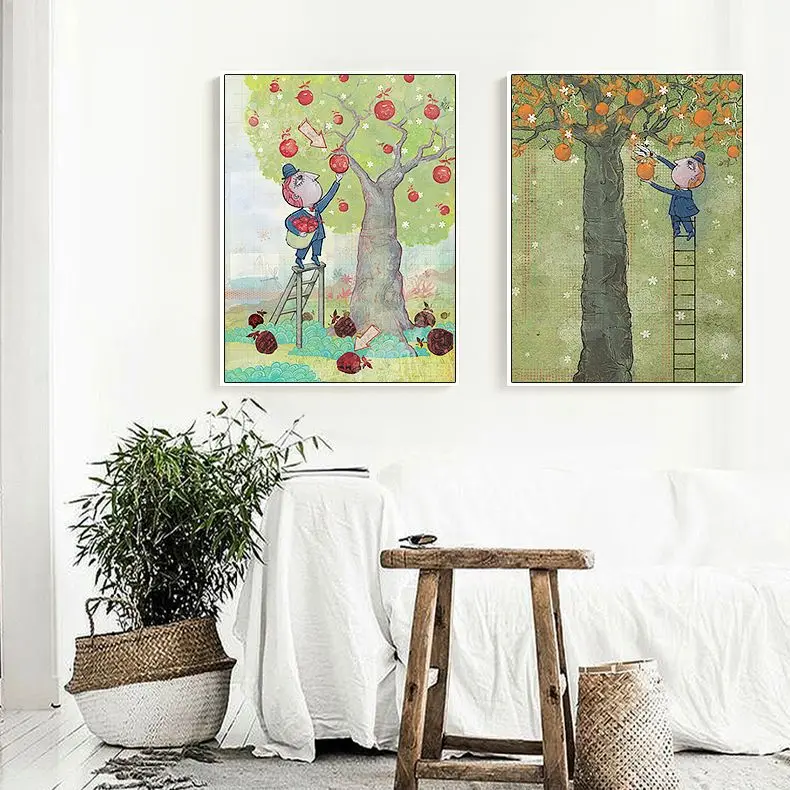 Home Decor Modular Pictures Canvas Printed Painting Nordic Farmer Work Orchard red fruit cartoon boy nursery  Kids Children Room