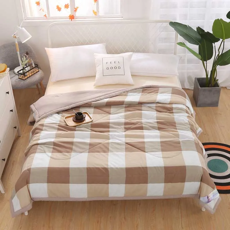 Coffee Plaid Мягкое дышащее одеяло для кондиционера, тонкие полосатые клетчатые удобные постельные принадлежности, розовое, серое, фиолетовое одеяло - Цвет: Coffee Plaid