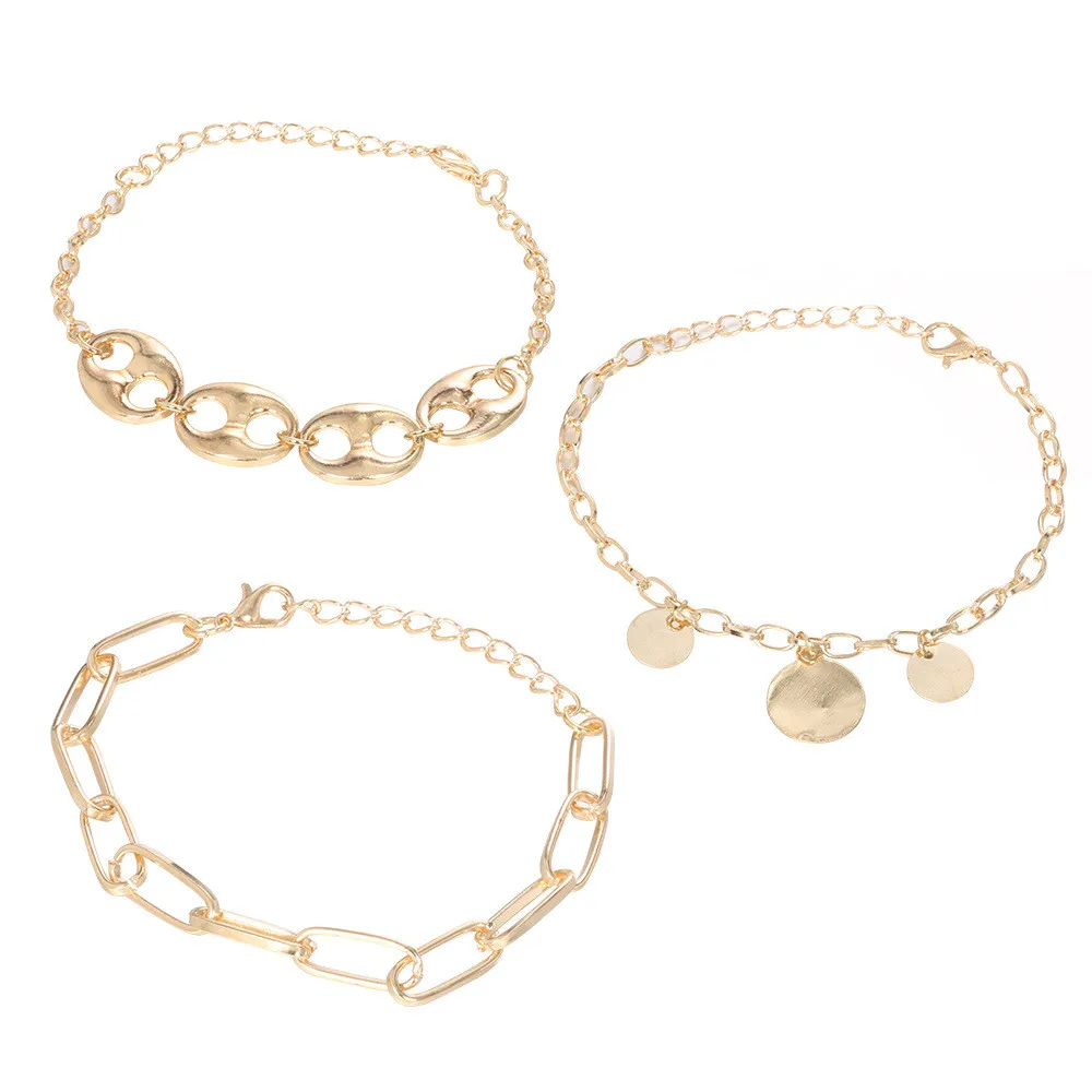MLING 3 Pcs/Set Newest Gold Water Wave Chain Bracelet Vintage Circle Sequin Bracelet Set For Women