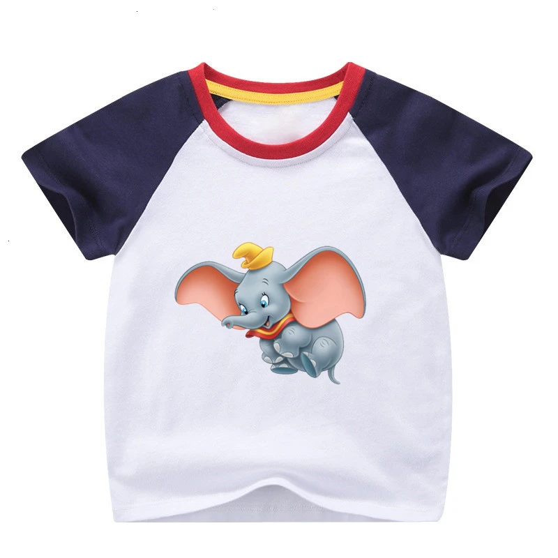 Одежда летняя футболка для девочек с принтом «Dumbo», смешная комбинированная цветная футболка с круглым вырезом для детей, Детская футболка с героями мультфильмов
