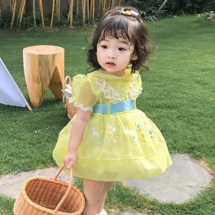Spanish Vintage Palace style Princess Dress For Girls children short sleeve lace spliced dress Modis Kids Clothes Vestidos Y1724 |