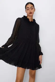 

2020 Spring Summer New Polka Dot black ruffle zaraing women Mini Dress sheining vadiming female sexy vintage dress XDN9189