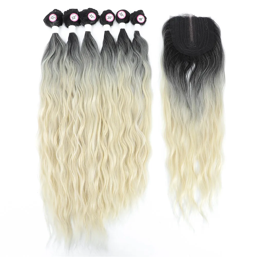 Ombre Blonde Colored Synthetic Hair Extensions X-TRESS Natural Wave 6 Bundles With Lace Closure Middle Part Colorful Curly Weave