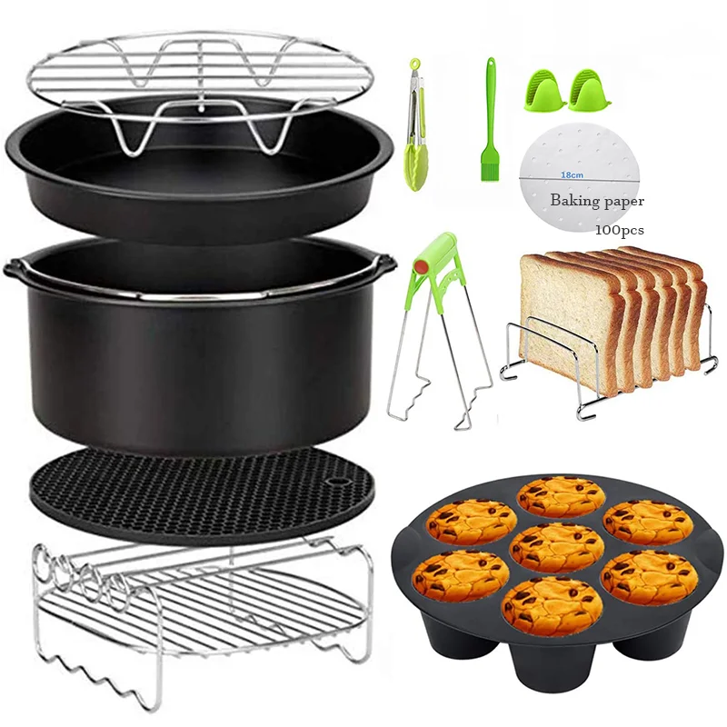 Metal Holder Grill Rack Pizza Pan Domeilleur 5-Set Air Fryer Accessories for Gowise Phillips Cozyna Fit 3.7-5.8QT with Cake Barrel Silicone Mat 6 inch / 7 inch 