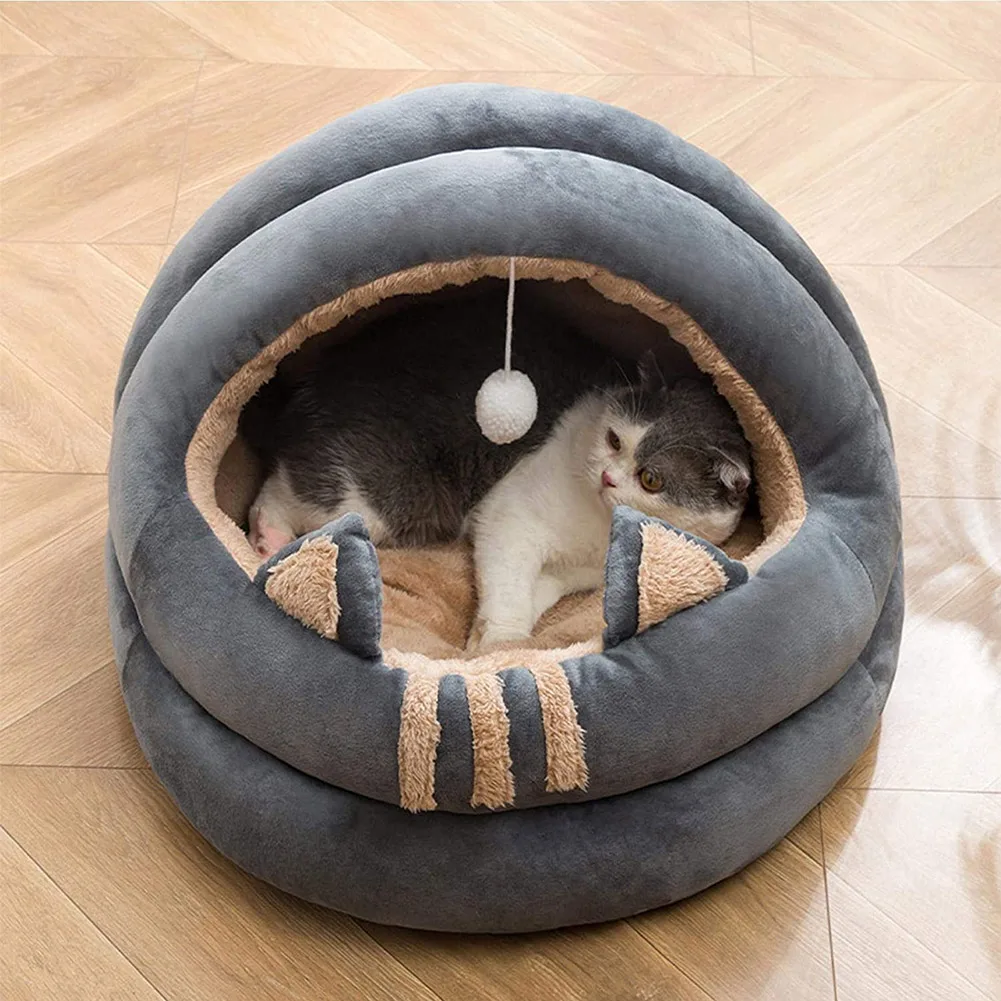 Cute Pet Supplies Puppy Kitten Fleece Cozy Nest Kennel with Pompom Winter Warm Soft Sleeping Bed