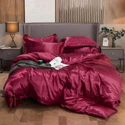 Luxury Rayon Satin Bedding Set - Solid Color Duvet Cover Ensemble - Queen Size 4pcs (Jiu hon se)