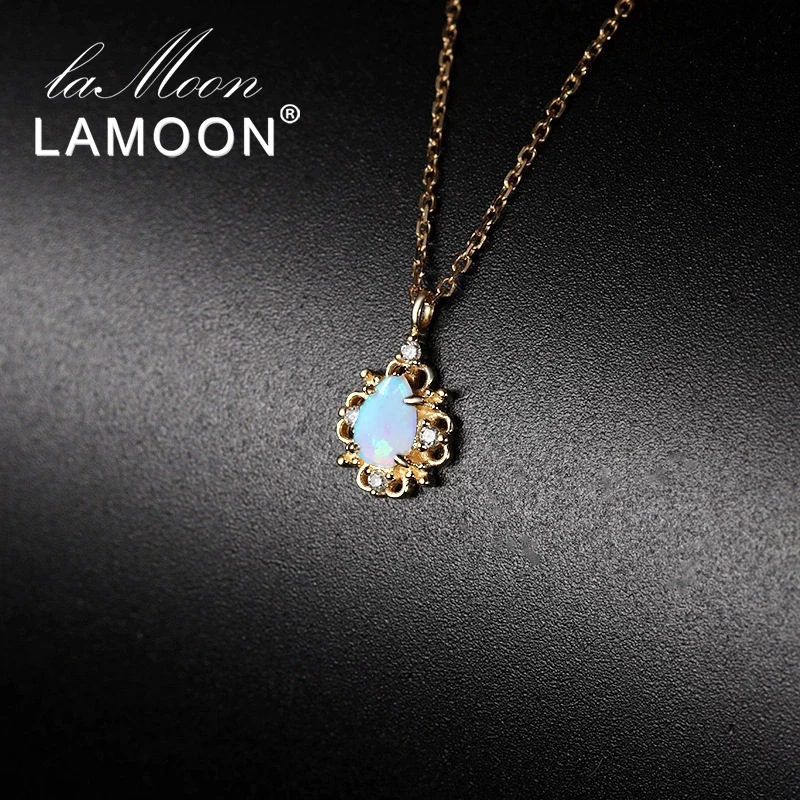 LAMOON S925 Sterling Silver Oct Birthstone Opal 14K Yellow Gold Plated Pandent Necklace Fine Jewelry for Women Mom Gift LMNI118