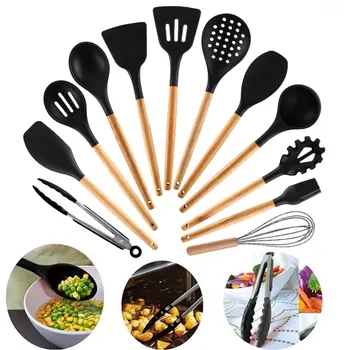 

11/12Pcs Silicone Cooking Utensils Kitchen Utensil Set Non-stick Spatula Wooden Handle with Storage Box Tools black pink green
