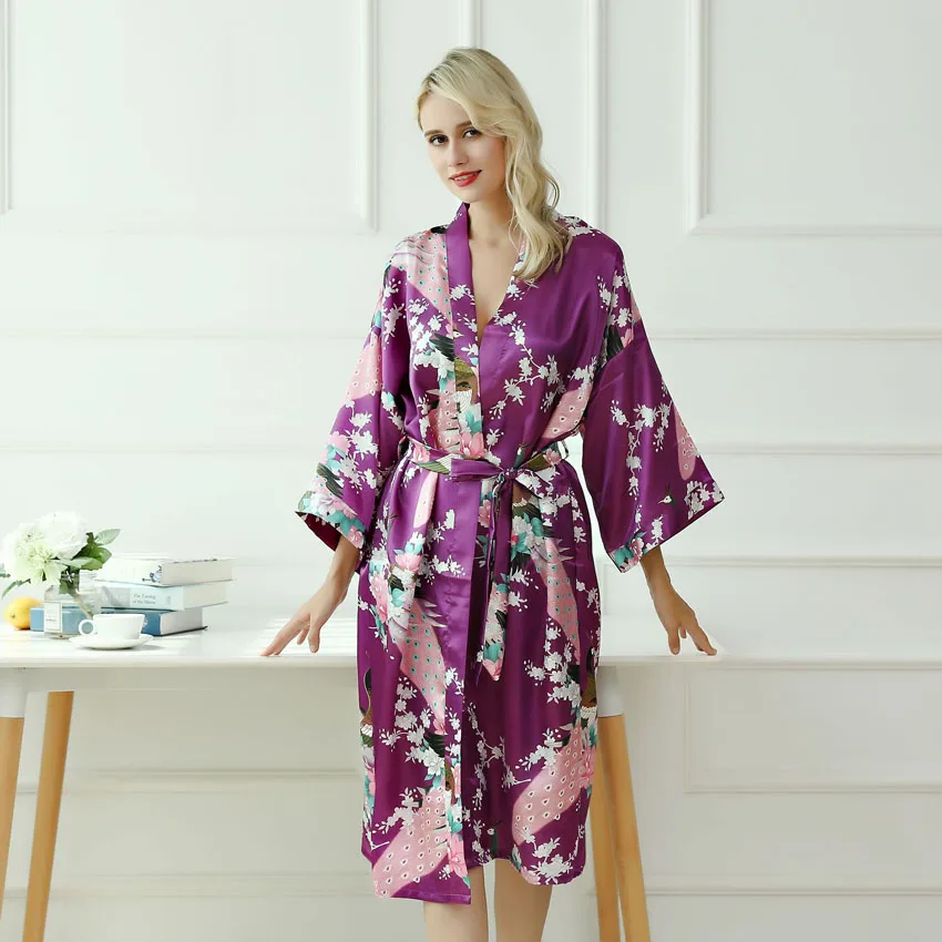Женские сексуальные костюмы, японское кимоно, юката, платье с поясом, атласный Шелковый кардиган, пижама, одежда для сна, Женский Гладкий купальный Халат - Цвет: Purple