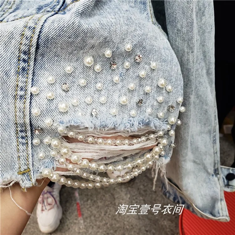 Ковбойское пальто с высокой талией; женская короткая джинсовая куртка; сезон весна-осень; новое джинсовое пальто с тяжелыми жемчужинами и странными дырками для девочек
