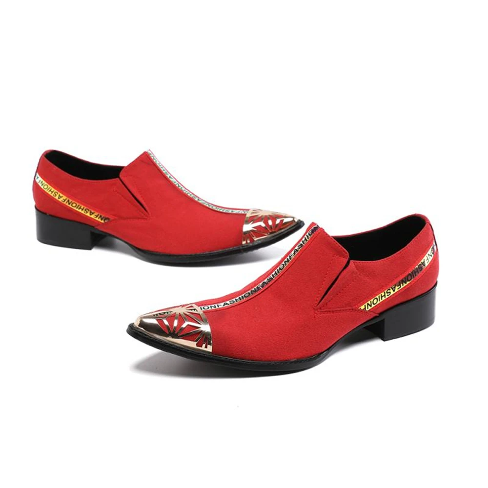 Red Genuine Leather Wedding Oxford Man Shoes Gold Pointed Toe Slip on Summer Dress Loafers | Обувь