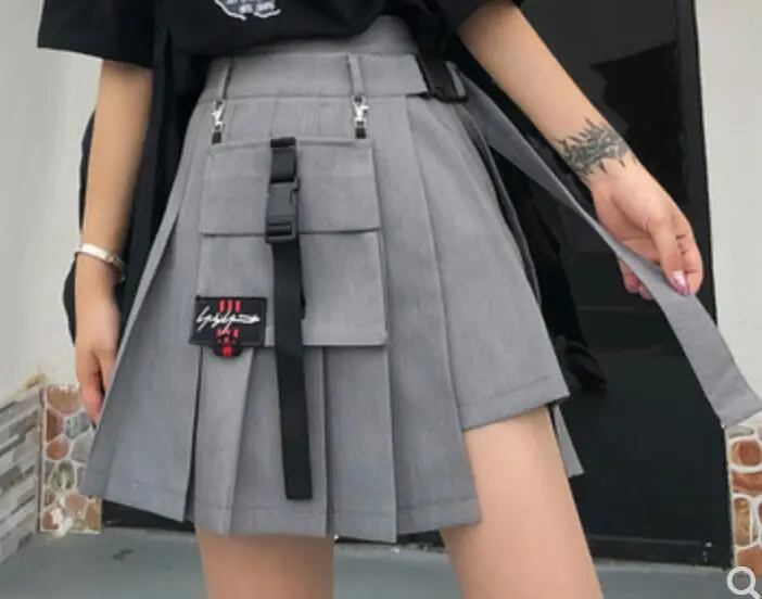 Женские шорты с высокой талией юбки с карманом Harajuku панк жесткий девушка Винтаж нерегулярные плиссированные модные короткие юбки - Цвет: Серый