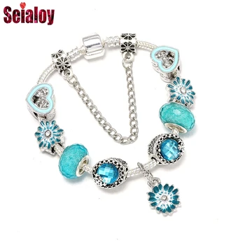 

Seialoy Blue Daisy Dangle Charm Bracelets For Women Original Crystal Snowflakes Bow Heart Beaded Bracelet & Bangle Jewelry