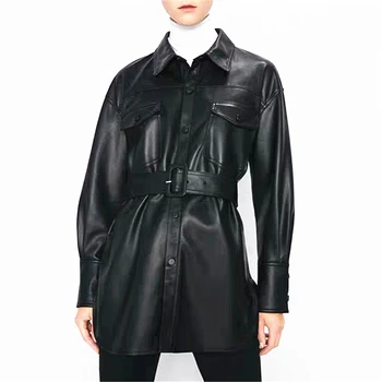 

Pu Leather Shirt Woman Long Black Faux Leather Shirt Sash Streetwear Korean Fashion Long Sleeve Leather Blouse Plus Sizes Tops