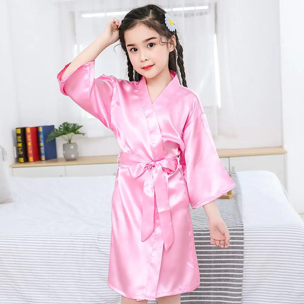 Summer Girls Silk Robe Solid Color Children Pajamas Kids Soft Bathrobe Sleepwear