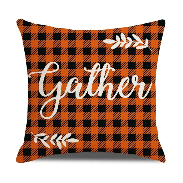 Fall Pumpkin Cushion Covers 18x18 Inch Farmhouse Decor Thanksgiving Buffalo Check Linen Throw Pillow Covers Happy Thanksgiving 11