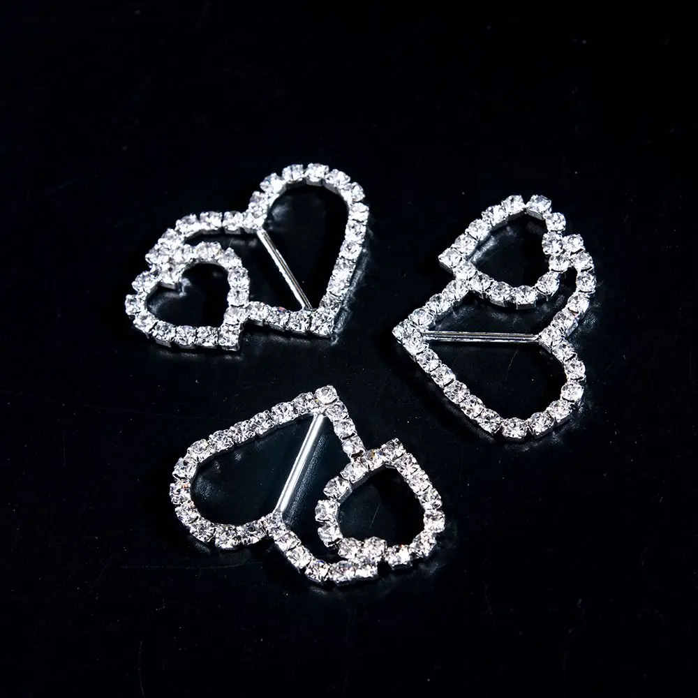 

3 Pcs Ribbon Buckles Glitter Rhinestone Double Heart Shape Metal Silver Slide Buckles Invitation Card Wedding Ribbon Slider