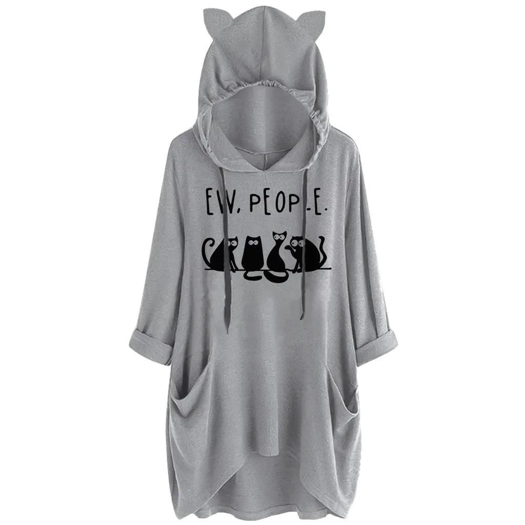 Plus Size Women Hoodies kawaii Cat Ears Hooded Sweatshirt Casual Loose With Pockets Hoody Pullover Long Sleeve Printed Sudadera