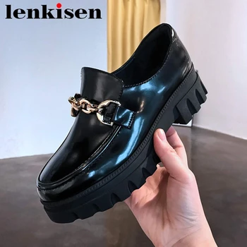 

Lenkisen genuine leather round toe high heel thick bottom preppy style metal chain young lady daily wear slip on women pumps L25