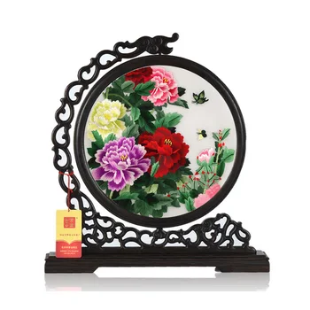 

100% Handmade Xiang embroidery products shelf decoration chicken wings wood table screen double-sided embroidery gifts