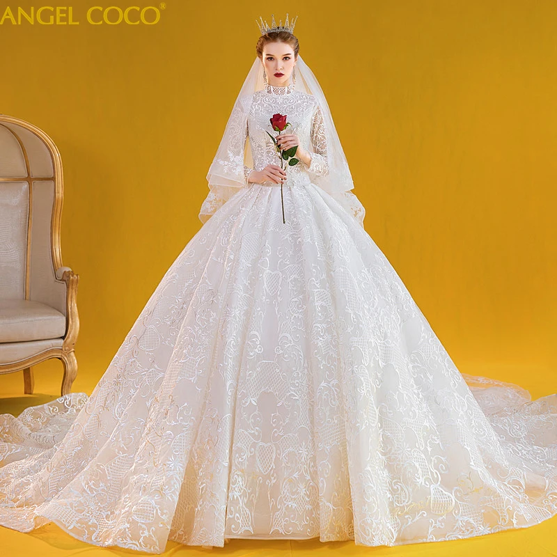 

Royal court vintage lace long-sleeved stand-up collar Pregnancy wedding dress bride Gown trailing Maternity Muslim Wedding Dress