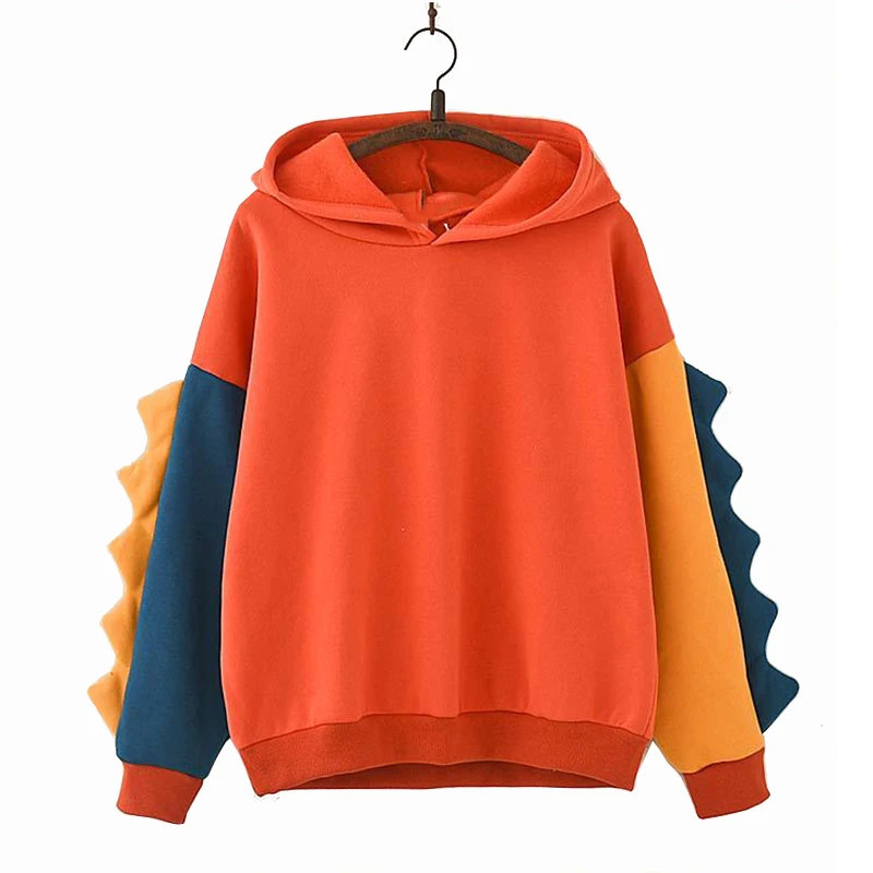 

CINESSD Colorblock Hoodies Women Casual Autumn Winter Long Sleeve lovely dinosaur Sweatshirts hooded Female Sweat Coat