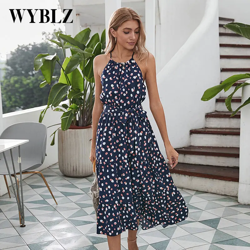 

WYBLZ 2023 New WOMEN Summer Polka Dot Sling Holiday Casual Dress Fashionable Sleeveless Bohemian Vestidos De Fiesta Ankle-Length