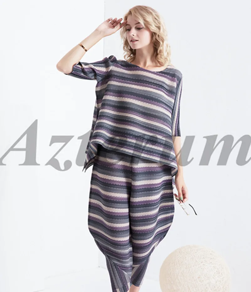 

Fashion Designer Pleats 2 Piece Set Women Irregular Loose Shirts Top and Elastic Waist Pants Female Streetwear Striped Sets