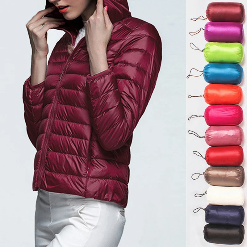 Женская ультра легкая пуховая теплая куртка с капюшоном, облегающая парка с длинным рукавом, Женская однотонная портативная верхняя одежда, зимнее пальто