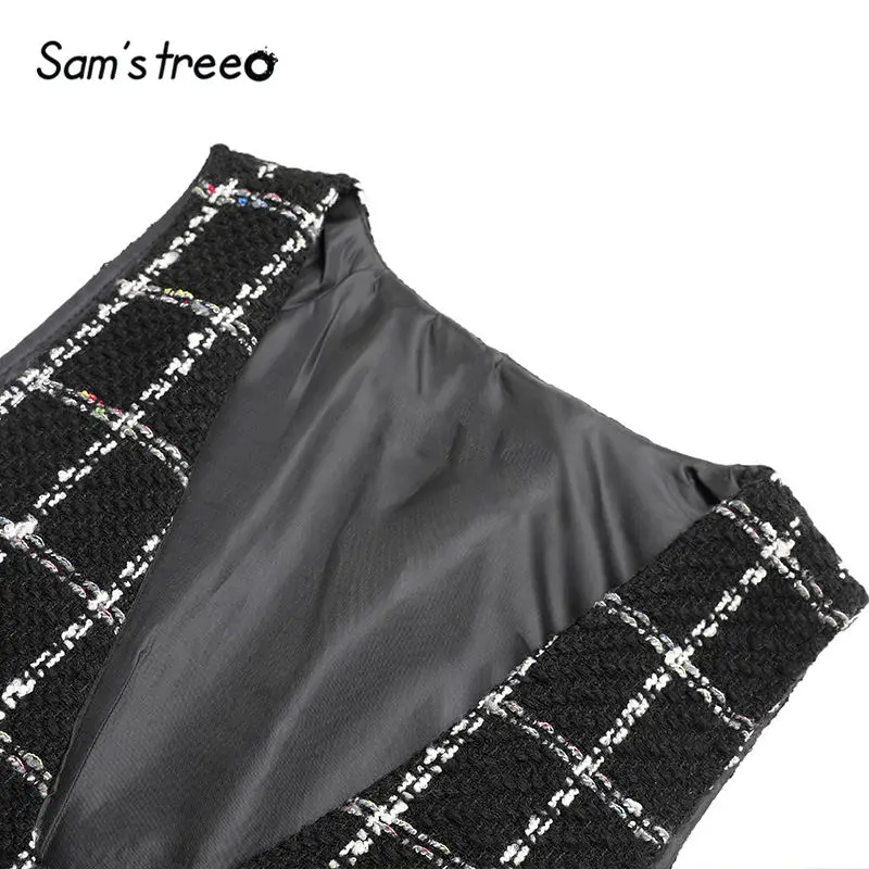 SAM'S TREE/черное твидовое Повседневное платье в клетку без рукавов для женщин; коллекция года; зимнее белое платье на пуговицах с карманами для офиса; повседневные платья для женщин