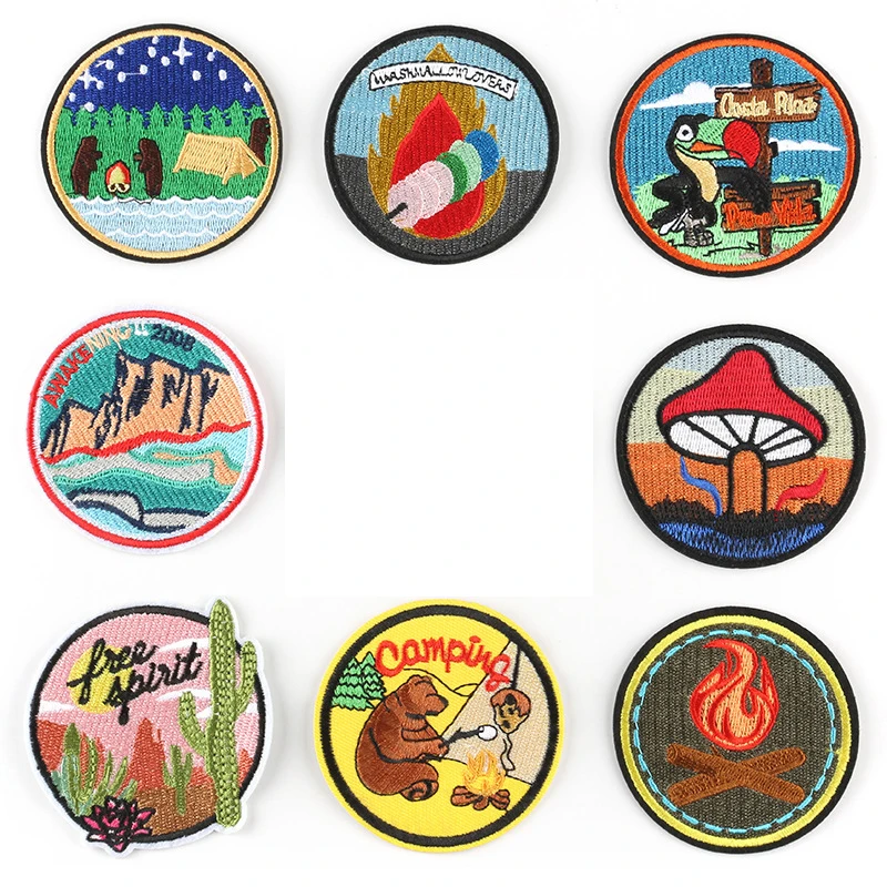 

Grilled fish with bear Punk Desert Cactus Embroidered Patches for Clothing DIY Stickers sunrise Forest Badges Garment Patches