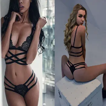 

2020 Women's Sexy Lingerie Sissy Black Lace Floral bra brief Sets Babydoll Sleepwear Underwear G-string Nightwear bra set