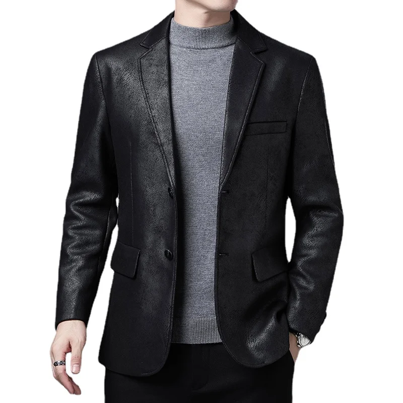 2021 New Men Leather Jackets 2 Button Formal Dress Suits Fashion Man Blazers Black Brown Solid Motorcycle Coat Suede Jacket Male formal black satin groom tuxedos men suits for wedding shawl lapel best man blazers groomsmen wear costume homme mariage 3piece