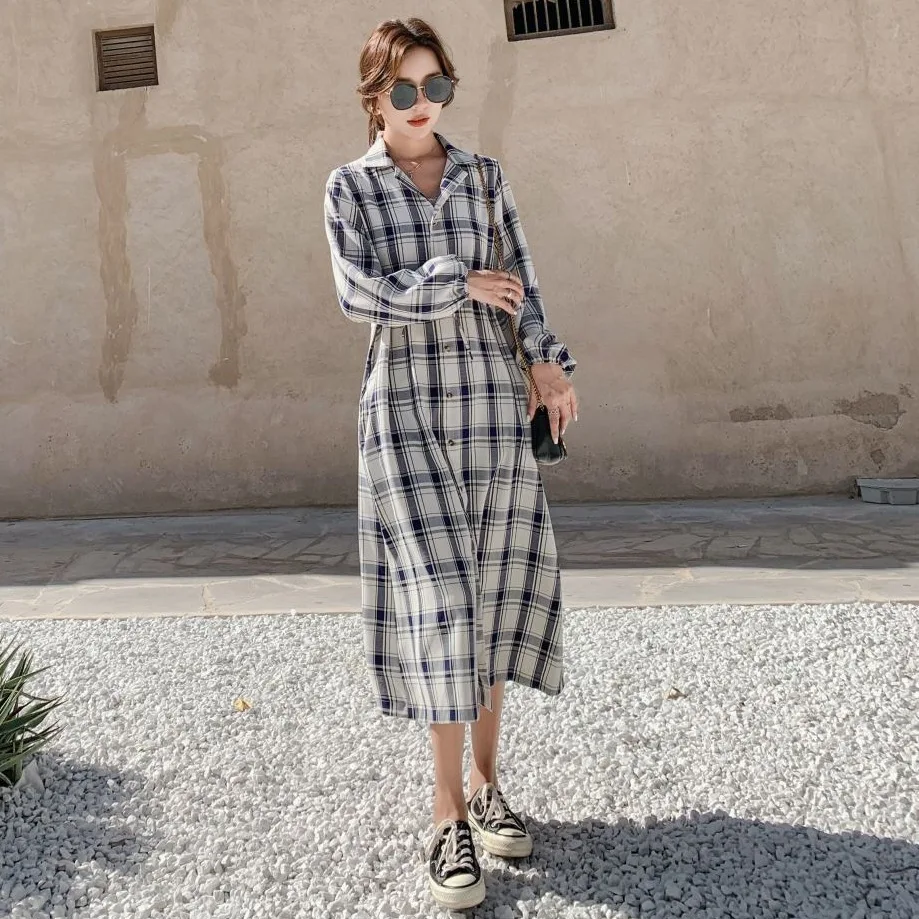 

Photo Shoot CHIC Classic Plaid BF Long Suit Collar Single Breasted Waist Hugging Lace-up Casual-Style Shirt Dress Women's