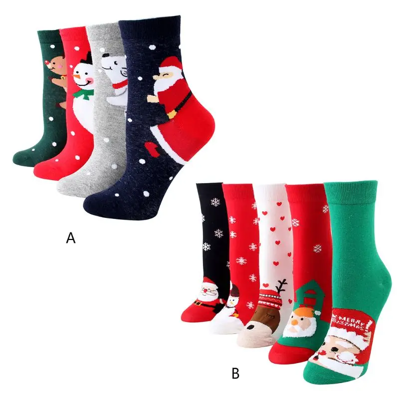 4 пары, унисекс, хлопковые Праздничные Носки до середины икры, Носки с рисунком Санта Клауса, чулочно-носочные изделия