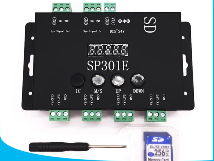 SP301E программируемый светодиодный контроллер Syn сигнал и вход для WS2811 WS2813 WS2812B SK6812 APA102 пикселей светодиодный светильник DC5-24V