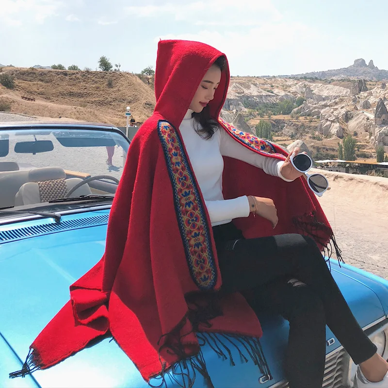 Новая модная красная женская вышитая непальская накидка теплое пальто для девочек мантия зимняя Этническая стильная мусульманская накидка-глушитель