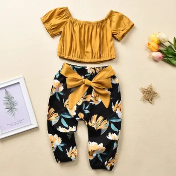 

4T Toddler Baby Girls Clothes Off Shoulder Pullover Short Sleeve Tops Bow Floral Pants 2PCS Kids Outfits For Girls Clothing 2020