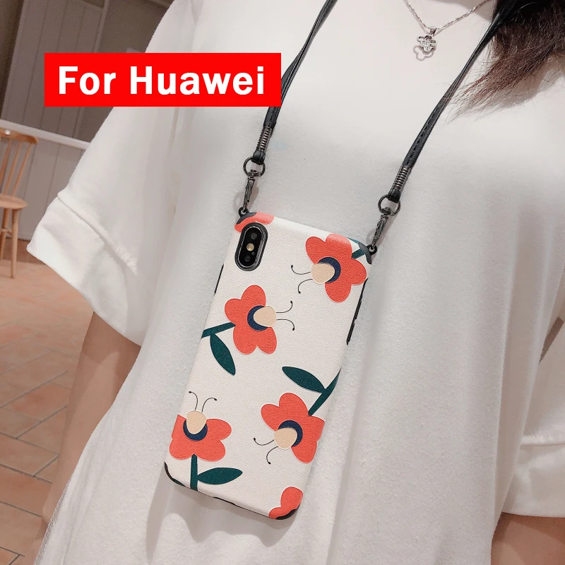 

Fashion Floral Phone Case For Huawei mate20X 5G P20 lite P30 pro case NOVA 3 4 5i Honor 8X 9X 10 20 pro Lanyard Neck Strap Cover