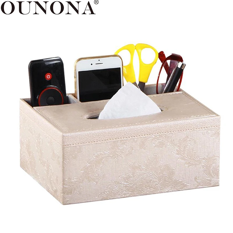 

OUNONA Multifunctional Desktop Organizer Remote Control Holder Pencil Scissor Container PU Leather Tissue Box