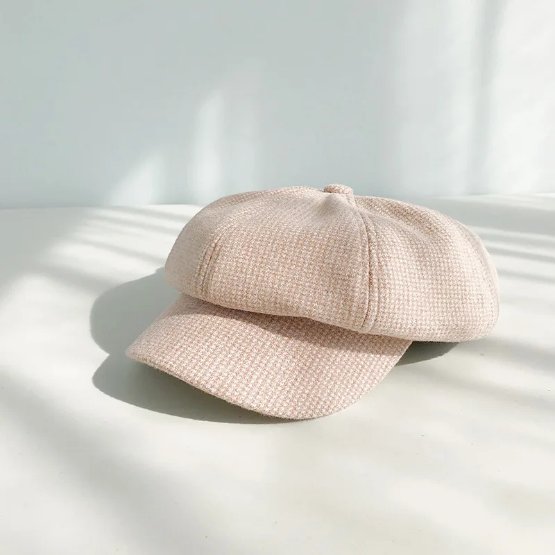pink Hariy колпачок из шерсти Женская винтажная маленькая головной убор в клетку шапка для женщин осень зима Ретро Шапочка s восьмиугольная кепка малярные шляпы - Цвет: pink